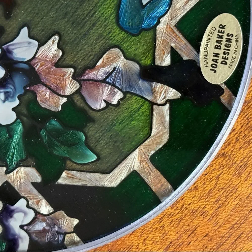NIB Joan Baker Designs Hand Painted Stained Glass Suncatcher Butterfly Flowers